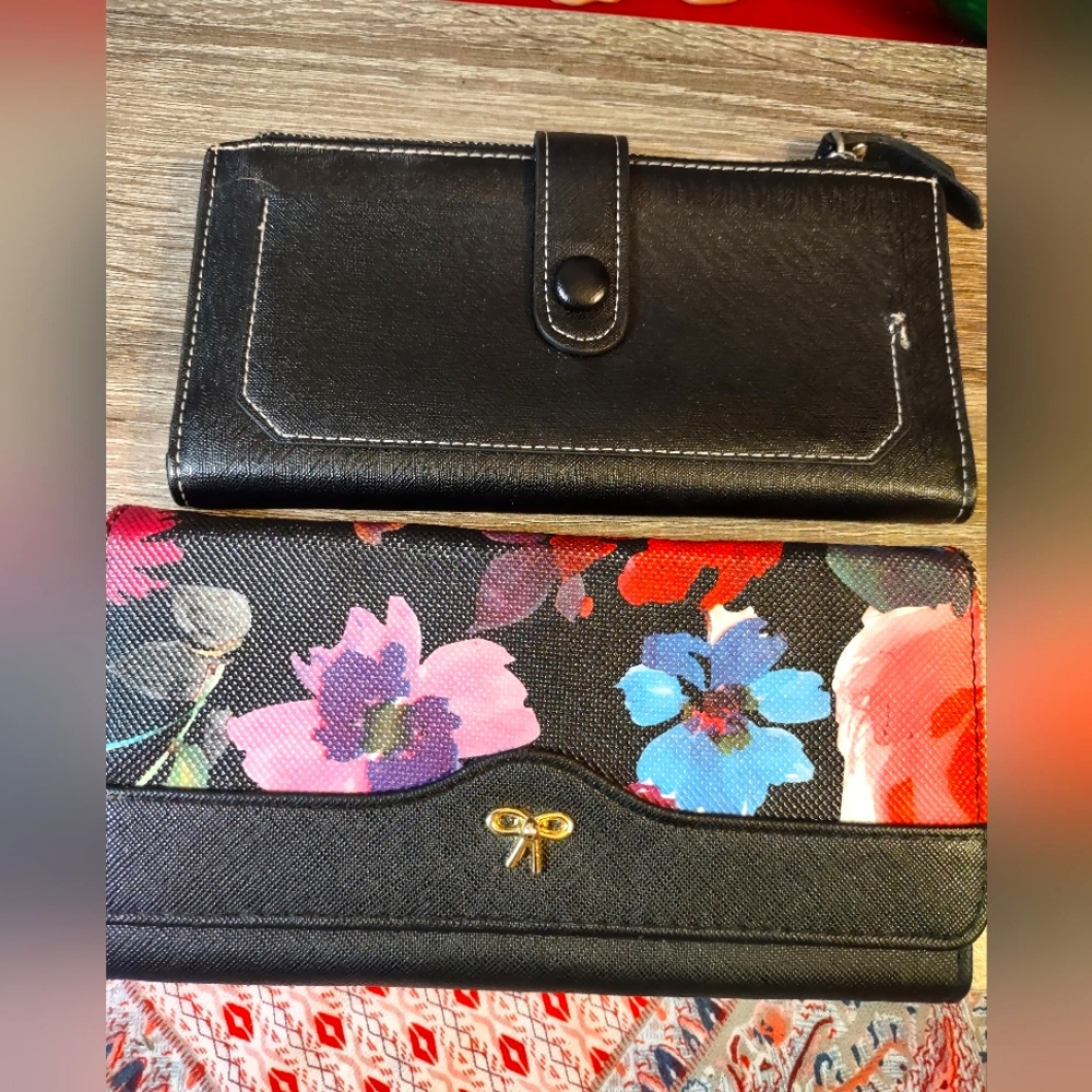 Floral Black Women's Clutch Wallet & Solid Black Leather Wallet FINAL PRICE FIRM
